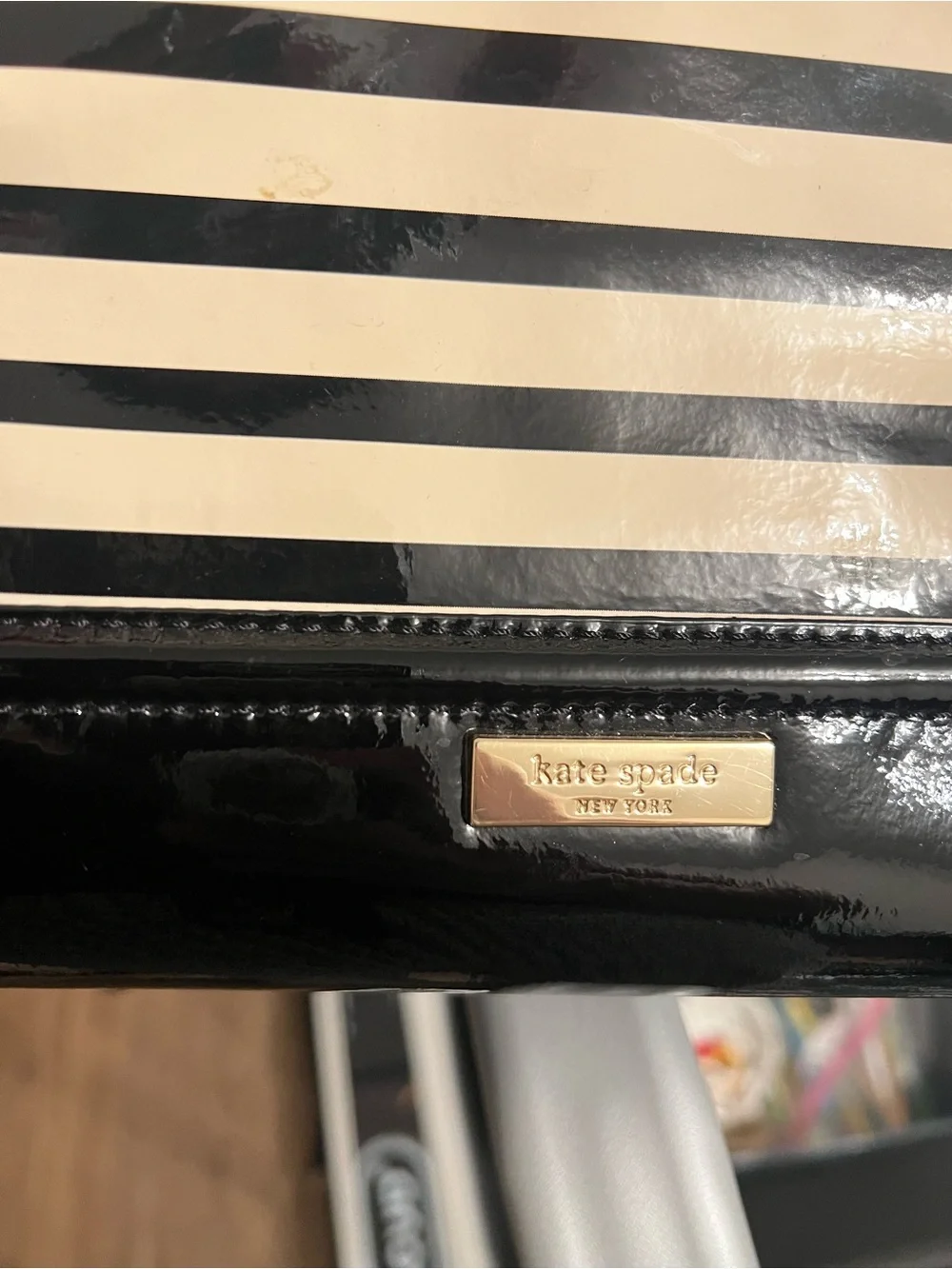 Kate Spade Black and White Striped Patent Leather Tote